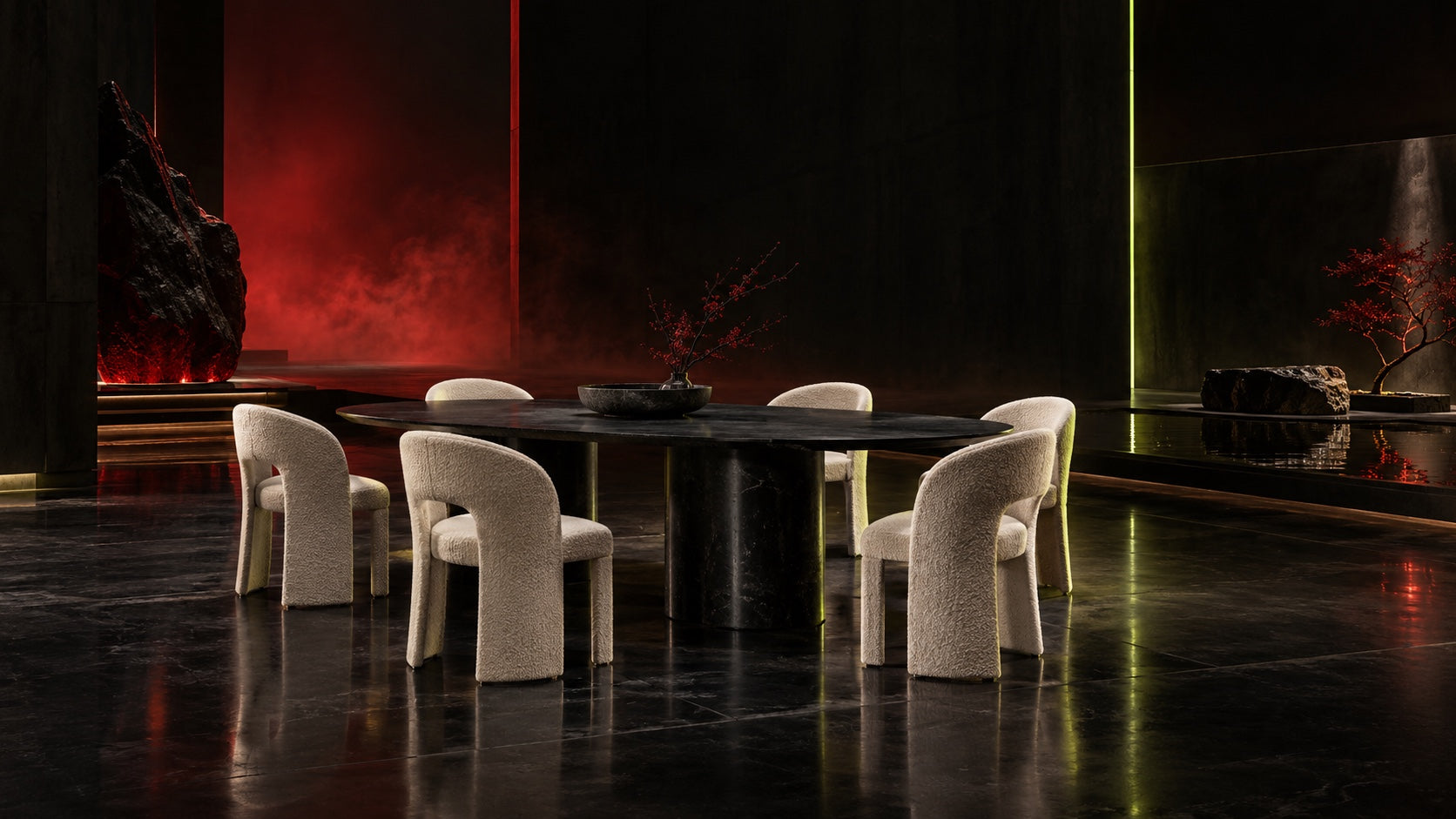 A black oval dining table and ivory sculptural chairs in a cinematic interior with restrained red and citron light