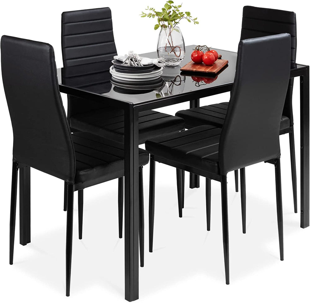 Goods Spring 808 — Black Glass-Top Dining Set with 4 Faux-Leather Chairs