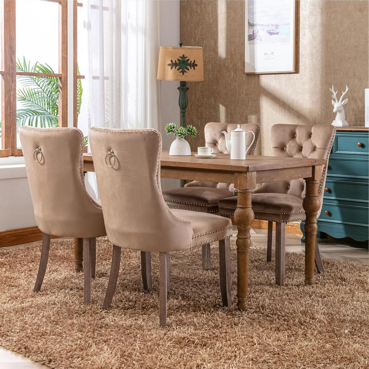 Goods Spring 905 — Khaki Velvet High-Back Dining Chairs, Set of 4