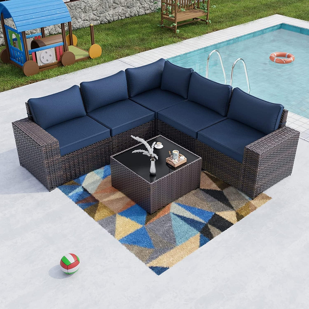 Goods Spring 407 — Navy 6-Piece PE-Rattan Outdoor Sectional Set