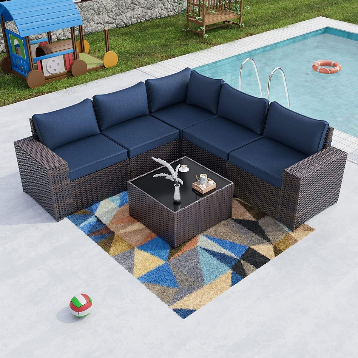Goods Spring 407 — Navy 6-Piece PE-Rattan Outdoor Sectional Set