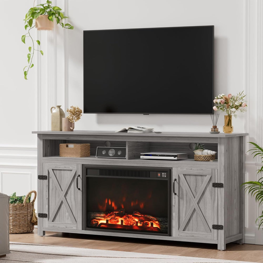 Goods Spring 322 — Gray-Wash Barn-Door Fireplace Media Console