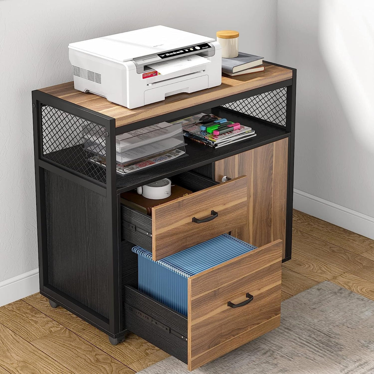 Goods Spring 328 — Walnut-Finish L-Shaped Desk & Mobile File Cabinet